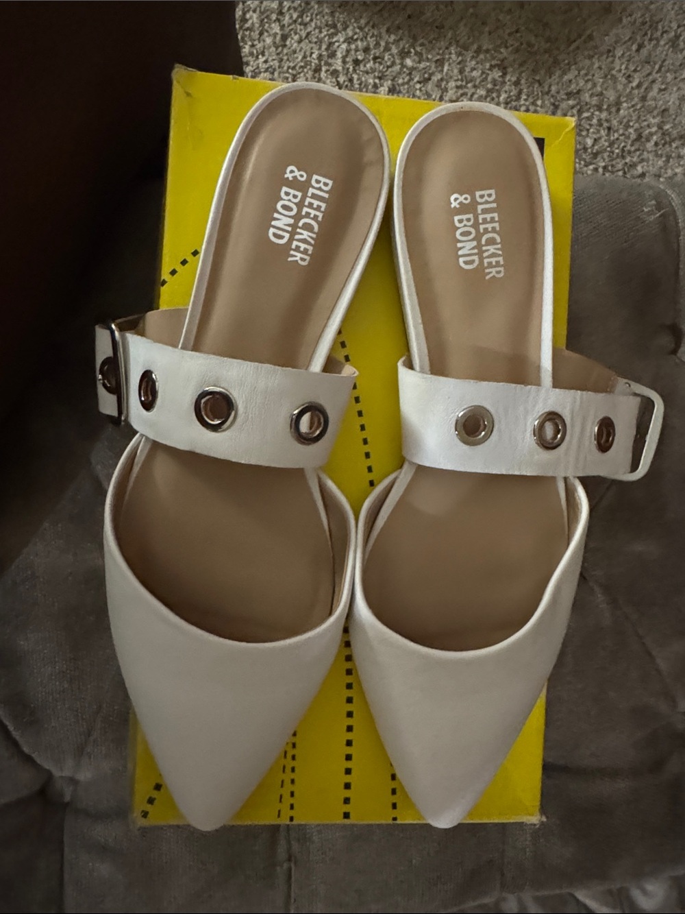 Bleecker & Bond White Pointed Toe Slide Mules with Grommet Strap
